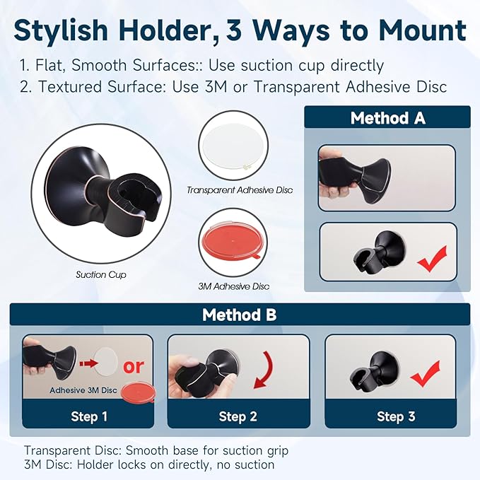 BRIGHT SHOWERS Handheld Shower Head Holder with Dual Angle Positions, Wall Suction Bracket Includes Adhesive 3M Disc, No Tools Required and Easy Installation, Oil Rubbed Bronze Finish