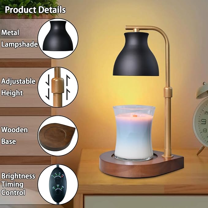 SOKCVSEA Candle Warmer Lamp - Candle Lamp Warmer with Timer Height Adjustable, Birthday Gifts for Mom Women, House Warming Gifts New Home Decor, Wax Melt Warmer with 2 Bulbs G.Black Gold