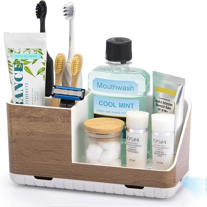 Toothbrush Holders for Bathrooms Countertop Organizer and Storage, Kids Electric Toothbrush and Toothpaste Holder, Bathroom Accessories Vanity Organizer (Wood Grain)