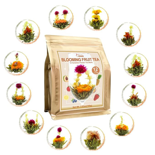 FullChea - Blooming Flowering Tea, 12 Unique Varieties - Flowering Tea in 12 Delicious Fruit Flavors - Gift For Tealovers, Christmas, Anniversary, Valentine, Birthday