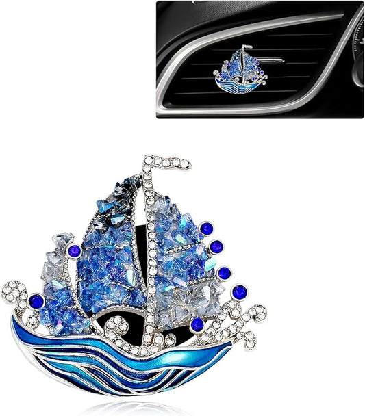 Coastal Car Decor,Sailboat Car Air Vent Freshener Clips,Crystal Blue Nautical Diffuser Charm for Women Sailor Seaman,Glitter Ocean Wave Decoration Gift