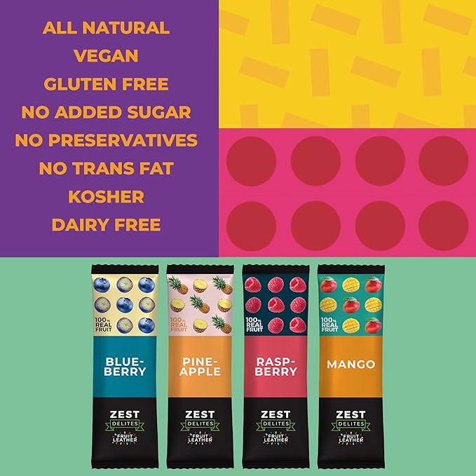 Fruit Snacks by Zest Delites, Fruit Leather Bars, Healthy Snacks for Adults & Kids, Vegan, Dried Apple-Based Pineapple, Mango, Blueberry, Raspberry Strips 0.88 oz x 36