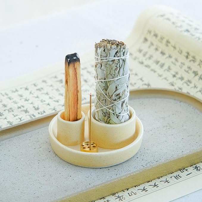 4 in 1 Incense Holder, Ceramic Incense Stick and Palo Santo Holder,Sage Holder for Burning- 5.5" Ceramic Ash Catcher Tray for Meditation and Yoga Room (Sand Gravel)