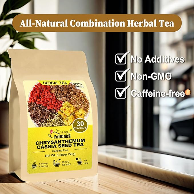 FullChea - Chrysanthemum Cassia Seed Tea, 30 Teabags, 5g/bag - Burdock Root, Goji Berries, Osmanthus, Honeysuckle Combination Herbal Tea