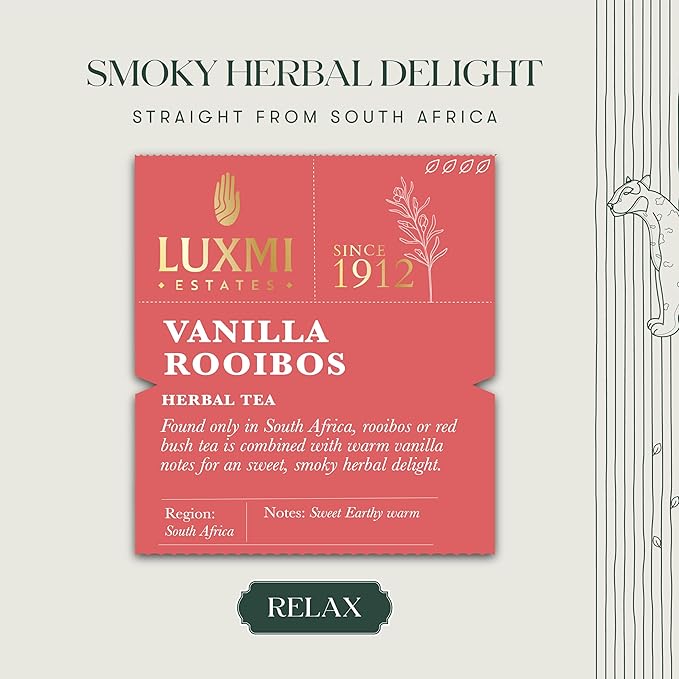 Luxmi Estates Rooibos Vanilla Organic Rooibos Tea (50 Tea Bags) Caffeine Free Tea Bags For Relaxing, Calming, and Stress Relief, With Certified Organic Herbal Tea