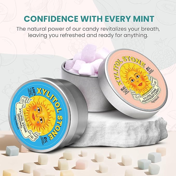 Xylitol Stone Sugar Free Candy - Vegan & Keto Friendly Unique Hard Candy - 100% Natural Flavor Candies - Gluten Free & Non-GMO Breath Freshener Low Calorie Mints - Pack of 2 (Original, Peach)