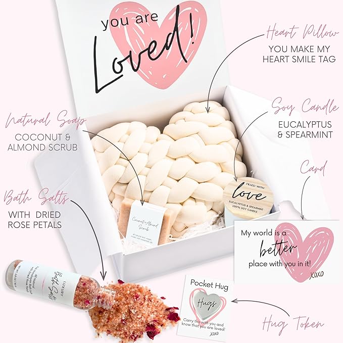 Boxzie You are Loved Gift Box Set for Women, Unique I Love You Gifts for Her, Sending Hugs Care Package - Basket with Pillow, Candle, Soap for Mom, Wife, Daughter, Sister, Best Friend, Grandma