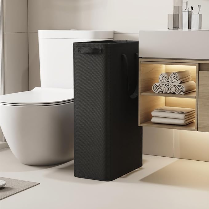 Lifewit 2 Pack Slim Laundry Hamper, Collapsible Narrow Laundry Basket, Small Tall Dirty Clothes Hampers with Handles for Bathroom Bedroom College Dorm, Black, 65L