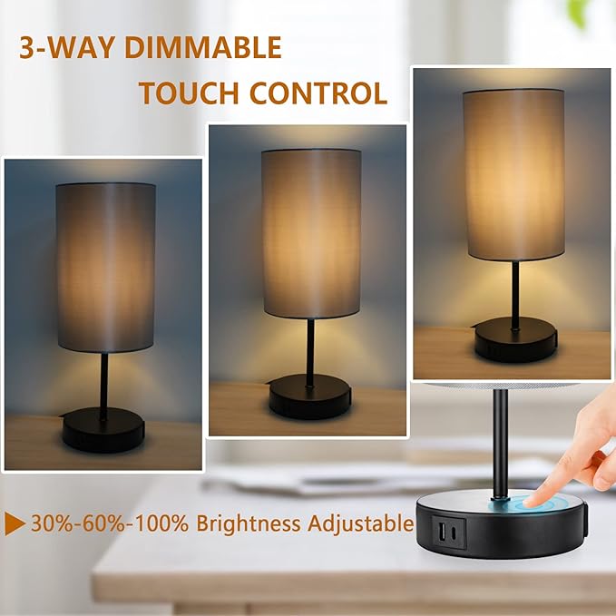 HiBay 17.75" Touch Bedside Table Lamp with USB Charging Ports & AC Outlet, Rustic Black Nightstand Light for Bedroom, Living Room, Kids Room, 3-Way Dimmable, Round Fabric Shade, E26 LED Bulb Included