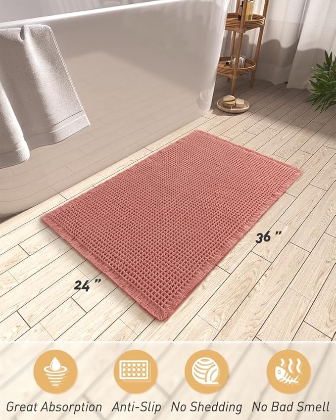 AMOAMI Upgraded Waffle Bath Mat, Super Absorbent Non Slip Bath Mats for Bathroom Floor, Machine Washable Bathroom Rugs with Tassels, Rubber Backed Bathroom Mats, Ultra Soft, 24" x 36", Coral