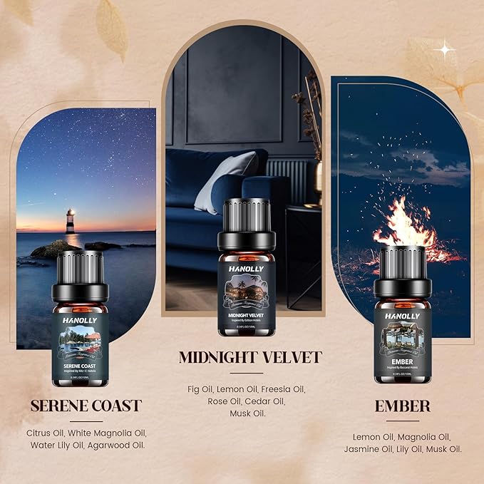 Hotel Diffuser Oils Gift Set - 6x10ML Luxury Hotel Scent Essential Oils Set for Diffuser, Candle Making - Fragrance Oil, My Route, Ember, Dream State, Serene Coast, Midnight Velvet, Golden Bloom