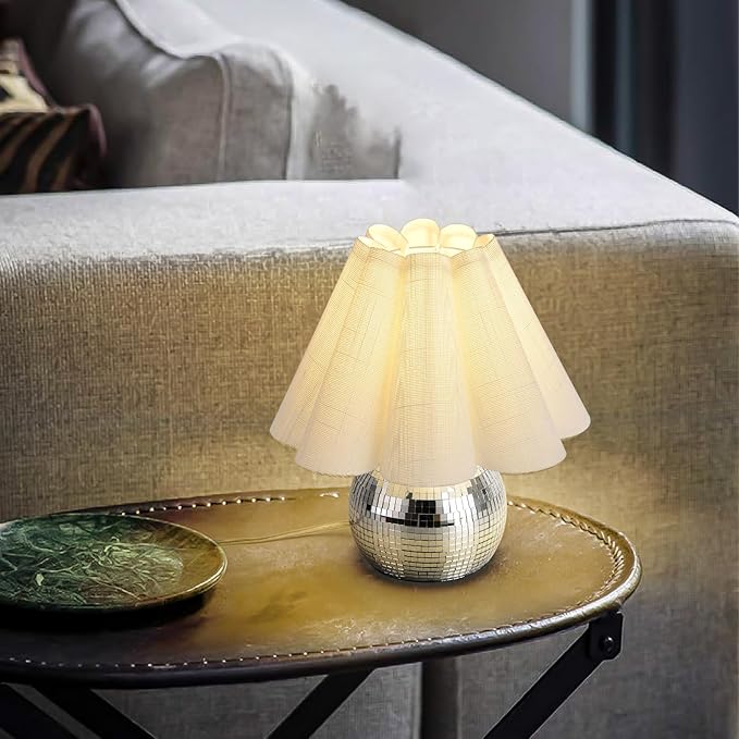 Disco Small Table Lamp for Bedroom, Funky Lamp Ball Lamps for Kitchen, Mini Table Lamps for Small Spaces with Scalloped Shade for Nightstand Desk Lamp
