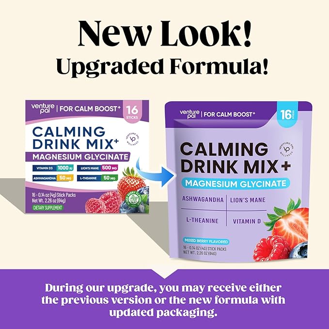 Venture Pal Calming Powdered Drink Mix, Magnesium Glycinate, Ashwagandha, L-Theanine,Vitamin D, Lions Mane, Sugar Free Magnesium Supplement Blend for Relax & Focus, Non GMO, Vegan, On The Go