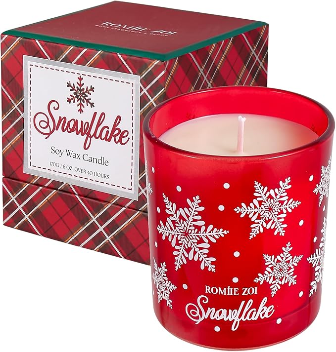 ROMIIE ZOI Christmas Scented Candle - 6oz Soy Wax Candle, Snowflake, Infused with Frosty Snow & Pine Aroma - Scottish Plaid Red and Green Gift Box for Holiday Season Gift