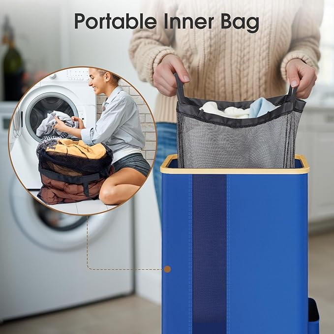 Laundry Basket Clothes Hamper with Lid and Pocket Large Collapsible Laundry Baskets with Handle, Blue Freestanding Hampers for Bedroom Aesthetic, Dorm, Bathroom, Laundry Room (100L)