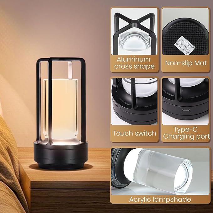 Crystal Lantern Light, Czgor Battery Operated Rechargeable Cordless Crystal Table Lantern Lamp with 3-Color, Portable Small LED Desk Lamp for Indoor/Outdoor Patio Camping Bedroom Bar Restaurant(Black)