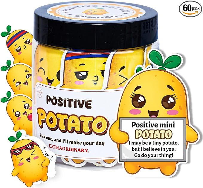 Positive Potato Jar – 60 Motivational Messages & Affirmation Cards with Standee | Cute Desk Decor & Just Because Gift for Women, Coworkers, Teachers | Daily Encouragement, Emotional Support