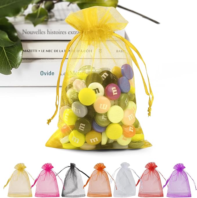 ANZNKU 50PCS Premium Gold Organza Bags 5x7 inches Mesh Bags Drawstring, Gift Bag Small Size, Organza Wedding Party Favor Bag, Mesh Pouches Drawstring