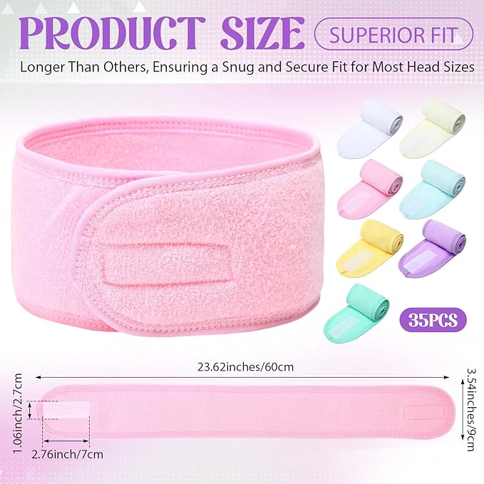 35 Pack Spa Facial Headband for Women Adjustable Face Wash Makeup Stretch Flannel Headband Bulk with Tape for Women Hair Wrap Towel Skincare Facial Mask Bath and Sport, Macaron Color
