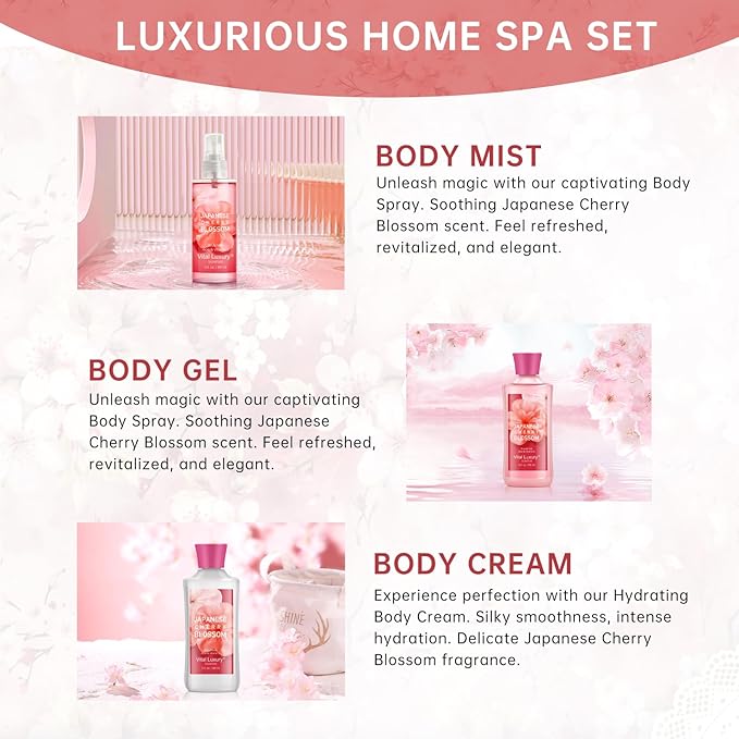 Cherry Blossom Spa Gift Set, Bath and Body Care Collection,3-Piece Travel Set with Shower Gel, Lotion, Body Mist