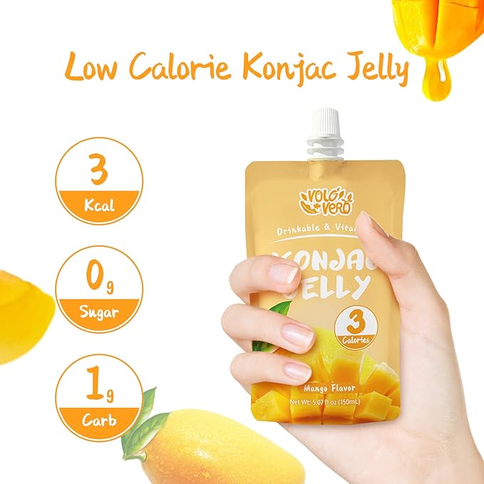 VOLO VERO Konjac Jelly Squeeze Pouch Mango Flavor, Low Calories (3 Kcal), 10 Packs, Gluten Free & Vegan, 0 Sugar, Keto, Low Carb, Drinkable Vitamin C Healthy Fruit Snacks, Holiday Gifts