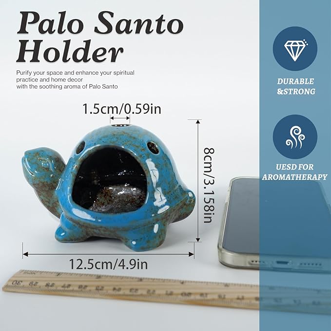 Blue Ceramic Turtle Palo Santo Burner - Mini Chiminea, Burns Palo Santo、Sage、Incense Cones, Doubles as Small Candle Holder for Energy Cleansing、Yoga、Meditation、Zen、Altar Aromatherapy