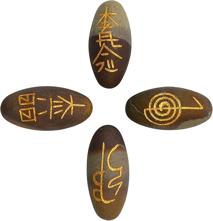 Amazing Gemstone Shiva Lingam Crystal Reiki Stones with Engraved Symbols for Usui Reiki Healing, Set of 4 Pcs (Indian Handmade Reiki Gift Set)
