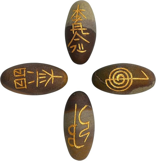 Amazing Gemstone Shiva Lingam Crystal Reiki Stones with Engraved Symbols for Usui Reiki Healing, Set of 4 Pcs (Indian Handmade Reiki Gift Set)