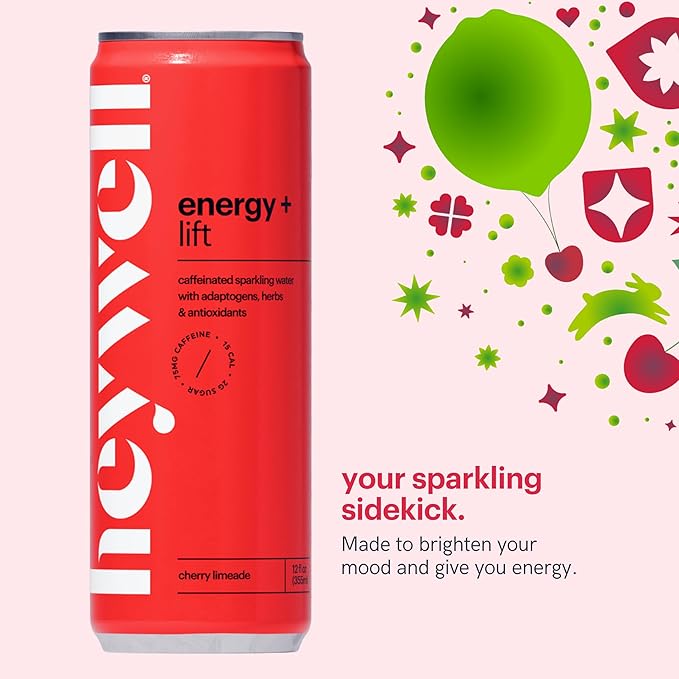 Heywell Sparkling Adaptogenic Water Energy and LIft, Cherry Limeade Flavor 12 Fluid Ounce (Pack of 12) - Caffeinated, Organic, Non GMO, Vegan, Gluten Free, Dairy Free