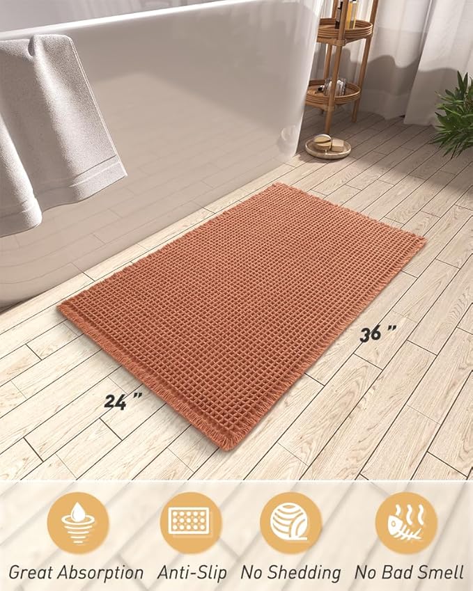 AMOAMI Upgraded Waffle Bath Mat, Super Absorbent Non Slip Bath Mats for Bathroom Floor, Machine Washable Bathroom Rugs with Tassels, Rubber Backed Bathroom Mats, Ultra Soft, 24" x 36", Dirty Orange