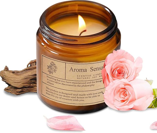 Organic Sandalwood Rose Candles - Non Toxic Soy Candles for Home, Stress Relief & Meditation (7oz)