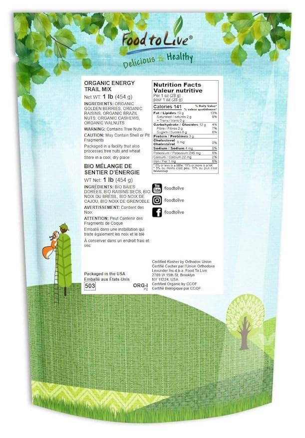 Food to Live Organic Energy Trail Mix, 1 Pound — Non-GMO and Raw Nuts and Berries including Cashews, Golden Berries, Raisins, Walnuts, and Brazil Nuts. Non-Irradiated, Vegan Superfood, Bulk