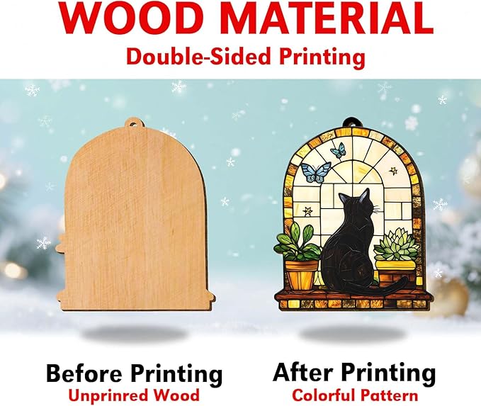 Black Cat Stained Glass Ornament, Window Scene Tree Decoration with Plants and Butterfly, Artistic Wooden Keepsake Gift for Cat Lovers, Women