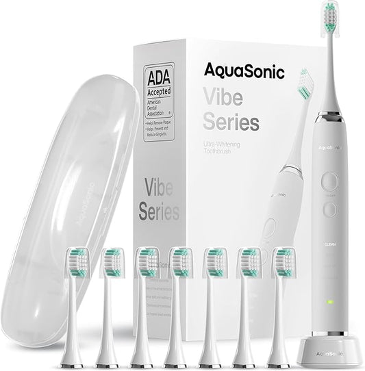 Aquasonic Vibe Series Ultra-Whitening Toothbrush – ADA Accepted Electric Toothbrush - 8 Brush Heads & Travel Case – 40,000 VPM Motor & Wireless Charging - 4 Modes w Smart Timer – Optic White