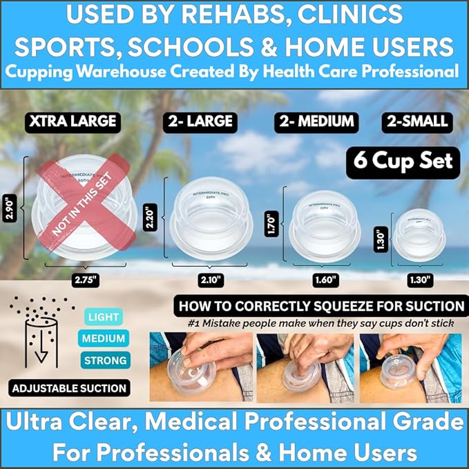 Cupping Warehouse Supreme 6 INT Pro 5560 Silicone Cupping Set - Cupping Kit for Massage Therapy-Soft Ultra Clear Dye-Free for Body Sculpt, Cellulite, Scar & Pain (2S 1.5", 2M 2", 2L 2.5") - Not 6065
