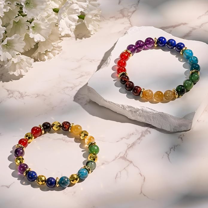 Bivei Natural Gemstone Semi Precious Healing Crystals Handmade Stretchy Round Beads Bracelet, Enhance Positive Energy