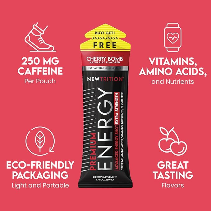 NewTrition® Extra Strength Energy Shots, 250mg Caffeine Energy Shots with Vitamin B & Amino Acids, Sugar-Free Vitamin Energy Shot, 1.7 fl oz (Pack of 24, Cherry Bomb)
