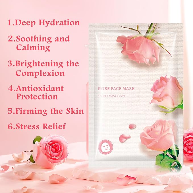 Facial Masks Skincare for Women,Pink Rose Moisturize Face Mask Sheet for Girl,Hydrating Face Mask for All Skin Types,Dry Skin & Sensitive Skin(8-Packs)