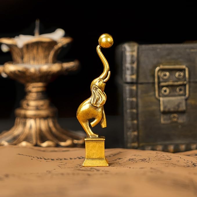 100% Solid Brass Elephant Sculpture - Ball Balancer Desk Toy, Handcrafted Vintage Home Décor, Playful Elephant Balancing Act Figurine, Unique Office & Bookshelf Collectible Art for Animal Lovers