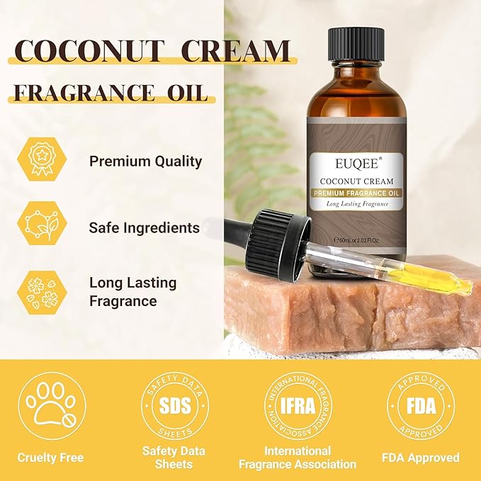 EUQEE 2.02 Fl OZ Coconut Cream Fragrance Oils, Premium Fragrance Essential Oils with Glass Dropper for Diffusers, Soap Candle Making(60ml)