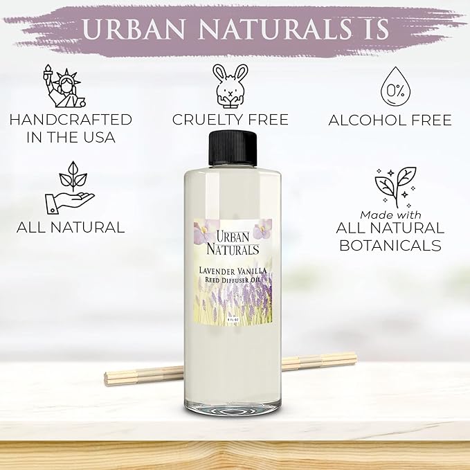 Urban Naturals Reed Diffuser Oil Refill Lavender Vanilla with Creamy Vanilla, White Woods 8 oz + Free Reed Sticks, Made in The USA