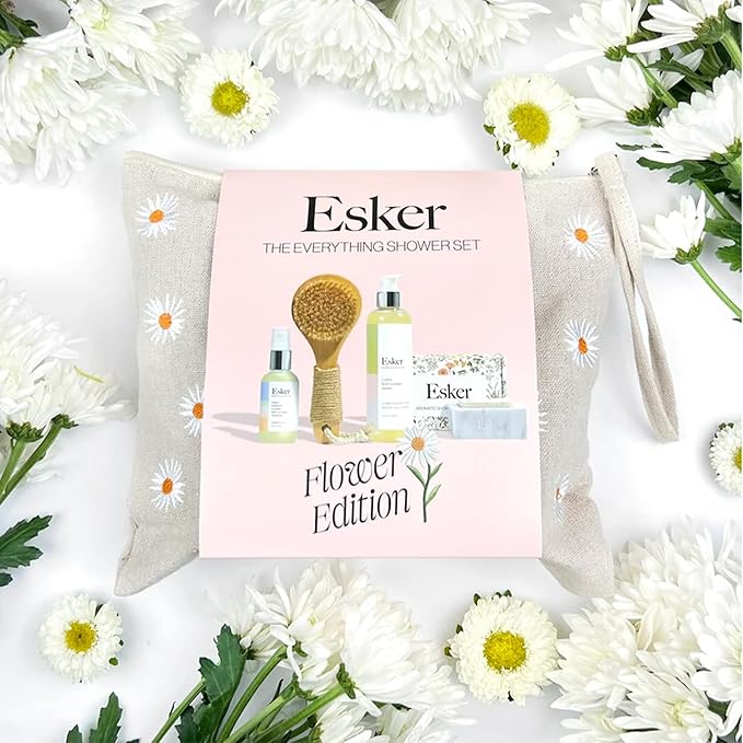 ESKER Everything Shower Gift Set Comes with our Dry Brush 2oz Firming Body Oil a Full Sized Clarifying Wash and our Aromatic Shower Steamer all Packaged in a Beautiful Floral Linen Pouch