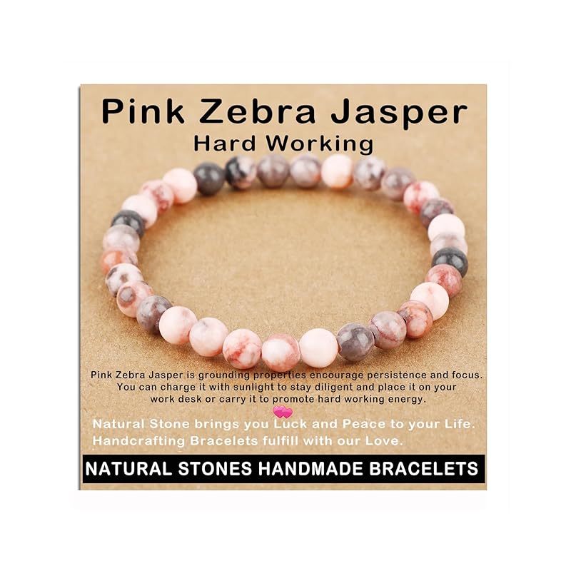 AD Beads Handmade Gemstone Stretch Elastic Bracelet Crystal Healing Reiki Nature's Beauty and Spiritual Essence Unisex (6mm, Pink Zebra Jasper (Hard Working))
