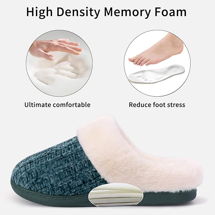 Evshine Warm Knit House Slippers for Women Comfy Wool-Like Lined Chenille Slippers with Memory Foam and Indoor Outdoor Soles