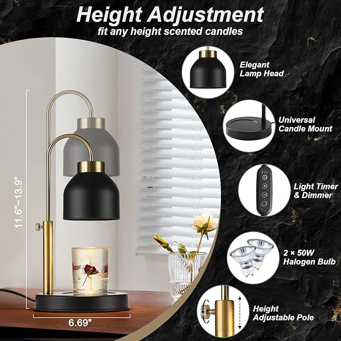 Hasun Candle Warmer Lamp, Safe Electric Candle Warmer Lamp with Timer and Adjustable Height/Heat, 2-8H Timer No Flames Dimmable Scented Candle Lamp for Jar, Candles Warmer with 2 Bulbs (Black03)