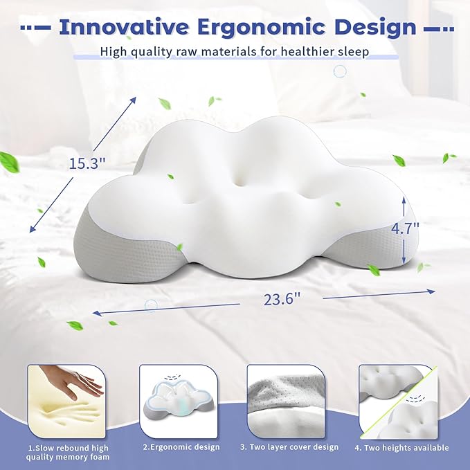 Cervical Pillow for Neck and Shoulder, Ergonomic Side Sleeper Pillow for Neck Support, Contour Memory Foam Pillows for Side Back & Stomach Sleepers with Cooling Pillowcase