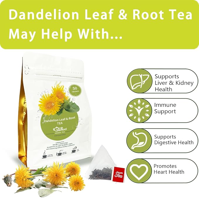 Samcci - Dandelion Leaf & Root Tea bags, 50 Teabags, Natural Roasted Dandelion Herbal Tea for Liver & Kidney Health, Support Digestion & Enhance Immune System, Caffeine Free