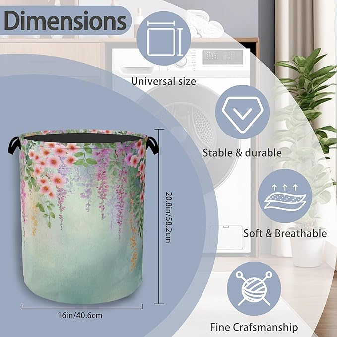 Colorful Flowers Laundry Basket,Foldable with Handles Tote Bag Oxford Cloth for Bathroom Bedroom Dirty Clothes Storage Bucket 16" x 20.8"