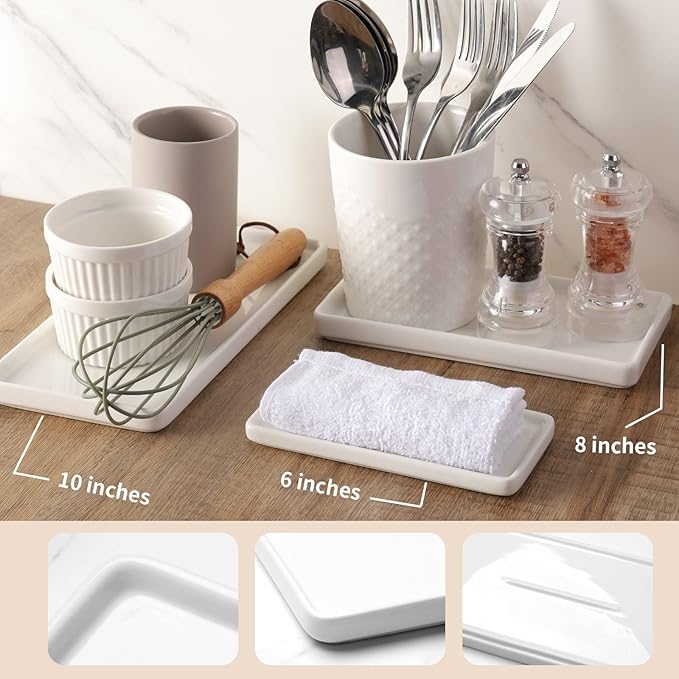 Gurygo 6" Small Ceramic Bathroom Tray for Kitchen Counter - Rectangle Ceramic Sink Tray for Bathroom Counter - Porcelain Dispenser Organizer for Kitchen Bathtub Counter, White