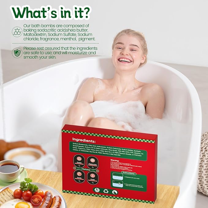 Bath Bombs Set, Shower Bombs, 4 PCS Handmade Bubble Bath with Gingerbread & Christmas Tree & Candy Cane & Snowflake, for Present Cute Women Boys and Girls